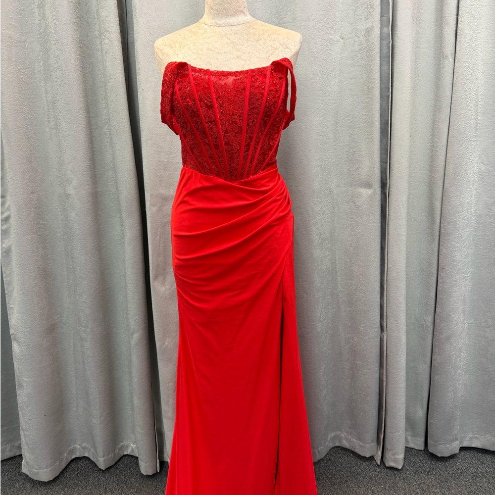 Red Juliet off the shoulder gown